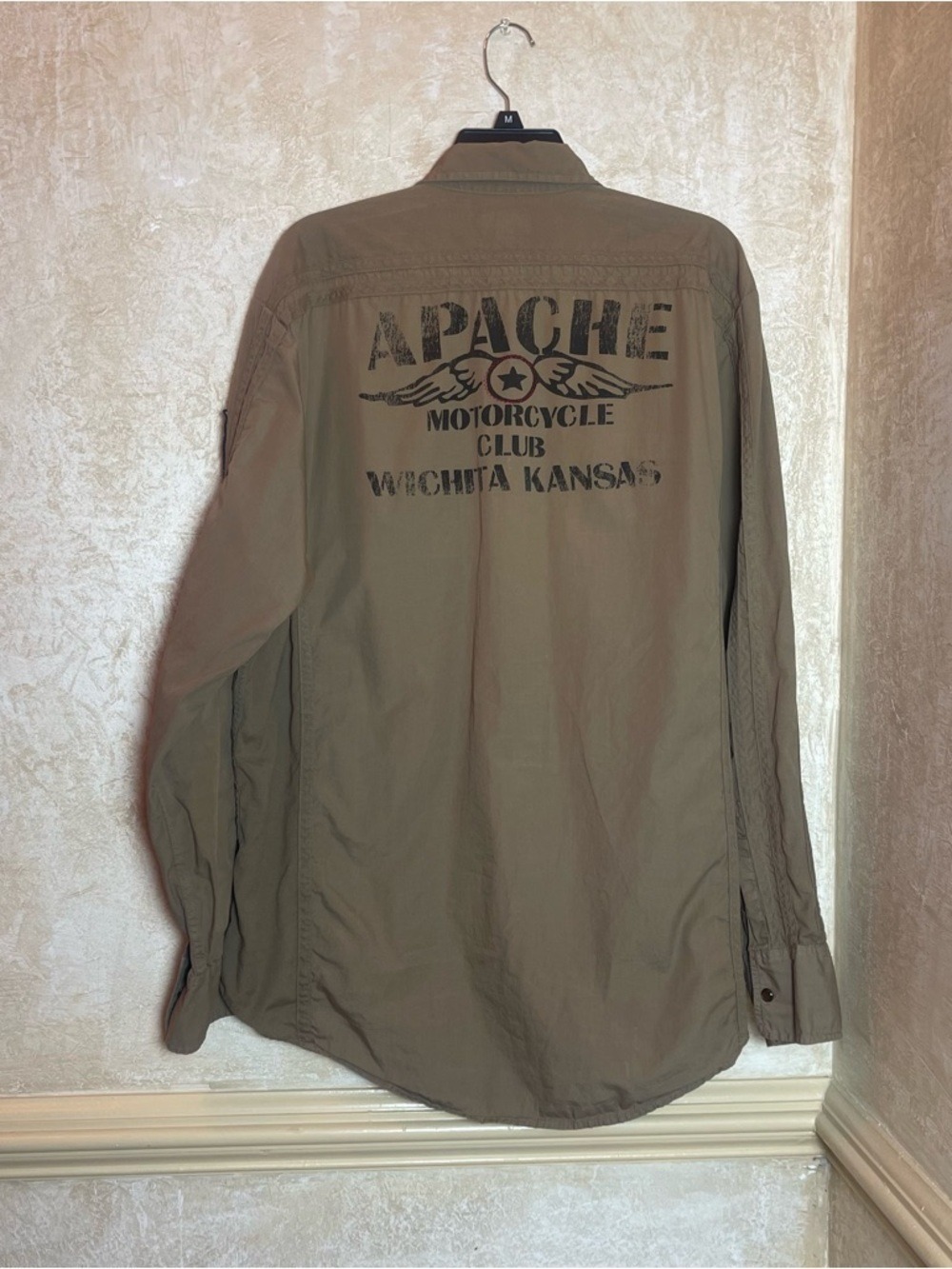 American Rag Cie Vintage Moto Shirt XL Khaki Apache Motorcycle Club Patch 1978 - Picture 4 of 13
